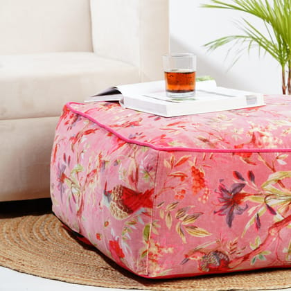 Birds of Paradise Velvet Square Ottoman / bean bag -Pink-With Filler