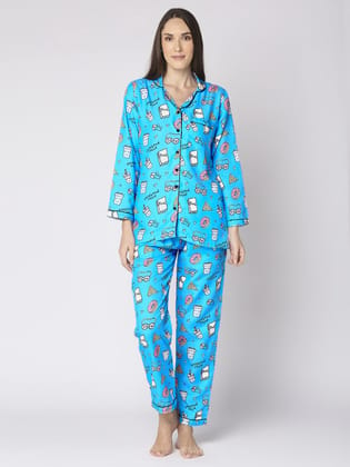 Weekend Mode Button Down Pj Set - Cotton Rayon Pj Set with Notched Collar-XS