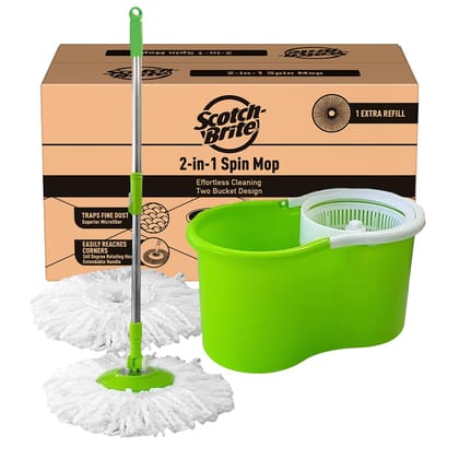 Scotch-Brite Twin Bucket Spin Mop (Green, 2 Refills)