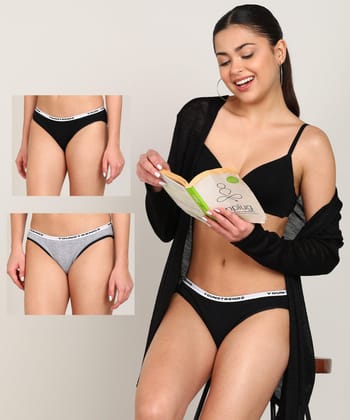 Women Branded Elastic Hipster Pack Of 2 - Briefs-S / Black+Grey