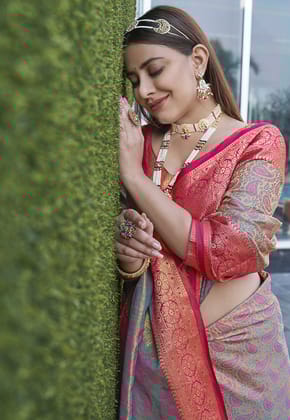 Chiku Colour Soft Kashmiri Silk Saree Wiht Zari Woven