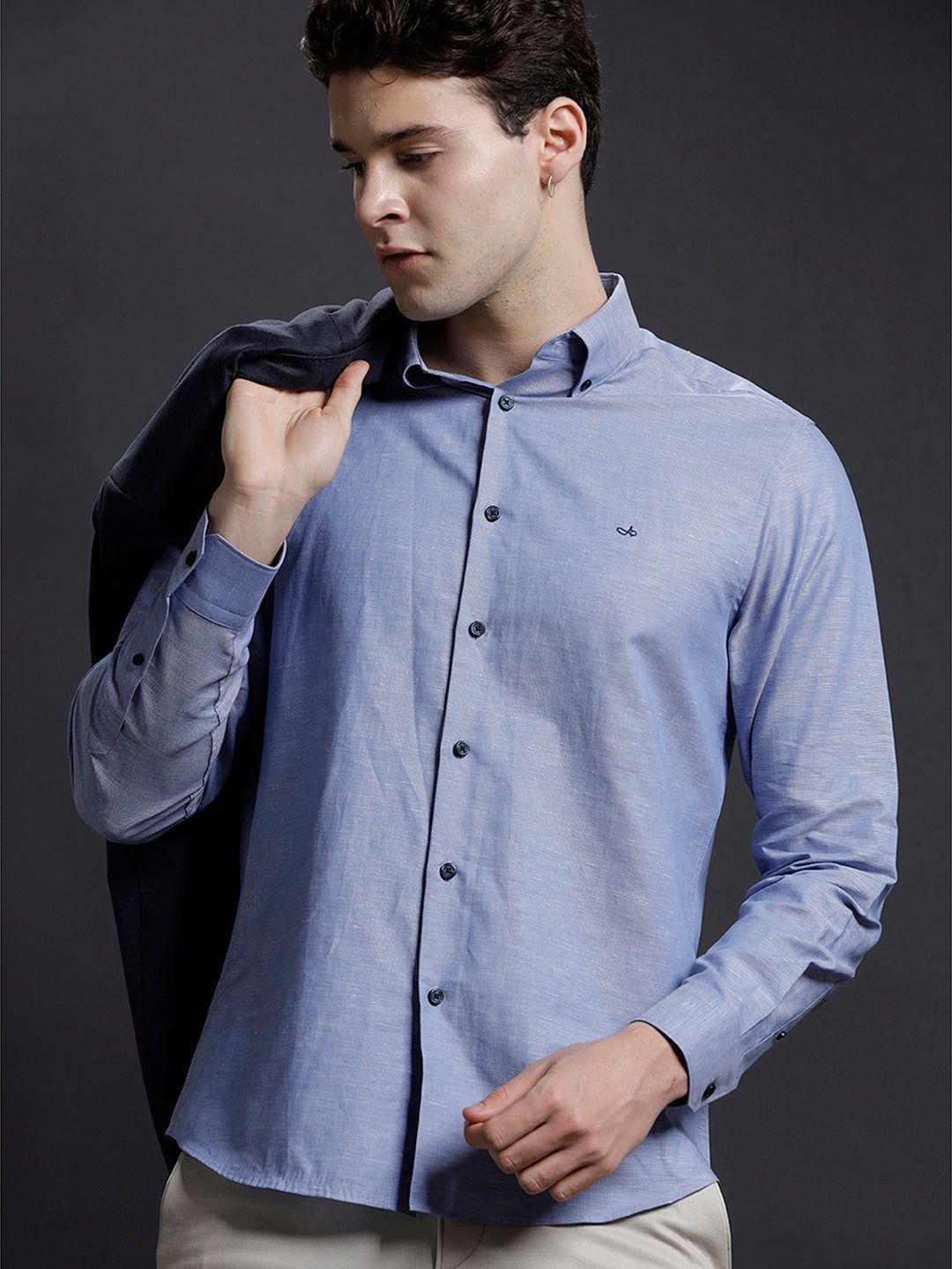 Aldeno Mens Regular Fit Plain Blue Casual Cotton Blend Shirt (LARIE)-S