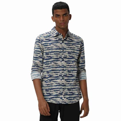 Mufti Blue & Off White Digital Print Shirt