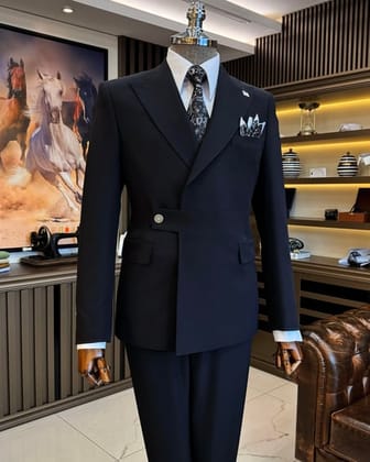 ITALIAN FIT MEN'S BLACK STRAP BREASTED SUIT BY ITALIAN VEGA® [Limited Edition]-M-40