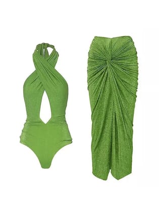 Halterneck Cutout Swimsuit & Skirt Coord Set-Green / M