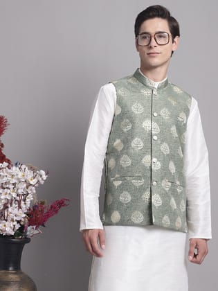 Men's Green and Golden Printed Nehru Jacket-L / Green