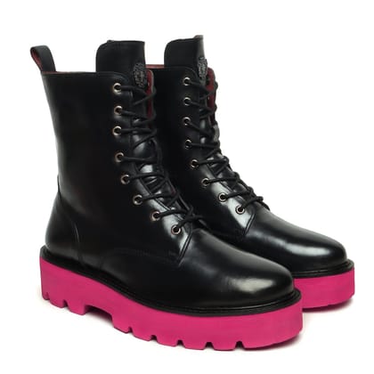 Black Long Lace Up Boots with Pink Sole  By Brune & Bareskin-36/3