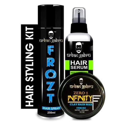 Urbangabru Hair Styling Kit: Clay Wax 100g, Frozt Spray 250ml, Serum Pre-Styler 100ml.-Urbangabru Hair Styling Kit: Clay Wax (100g), Frozt Spray (250ml), Serum Pre-Styler (100ml).