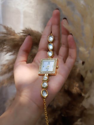Yulia Kundan Wrist Watch-Gold