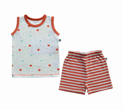 Allover Apple Print White Vest + Orange Stripes Shorty Set (95% Cotton 5% Elasthan Jersey)