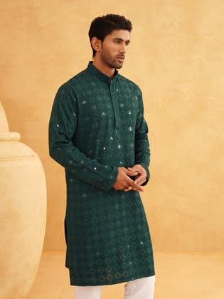 Men's Cotton Embroidered Sequinned Green Long Kurta-36