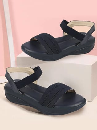 Women Blue Open Toe Platform Woven Design Slip On Sandals-3