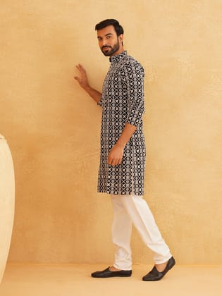 Men's Cotton Gold Sequence Embroidered Black Kurta with white Churidaar Pyjama-36