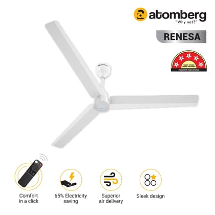 Atomberg Renesa 1400 mm BLDC Ceiling Fan with Remote Control  LED Indicators  White-Atomberg Renesa 1400 mm BLDC Ceiling Fan with Remote Control & LED Indicators | White