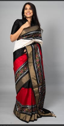 Pochampally Ikkat Silk White Red Black