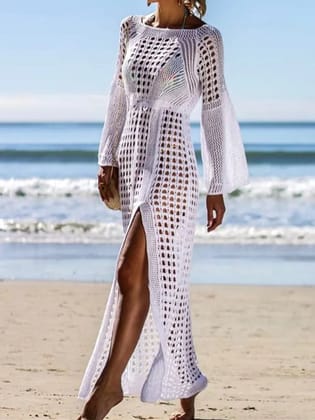 Crochet Tunic Beach Dress Cover-ups Summer Beachwear-Khaki / One Size