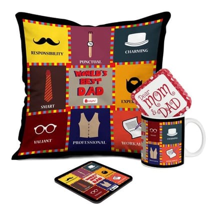 Indigifts Father Day Cushion with Filler (12x12 inch), Ceramic Mug 330 ml and Coaster (3.5"x3.5")- Gifts for Father, Gifts for Grand Father, Birthday Gifts, for Father