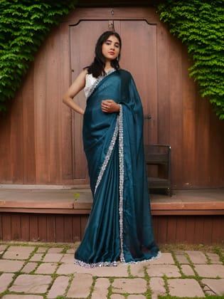 Designer Saree with American Diamond & Mirror Work by Shreekama-Dark Cyan / Free Size