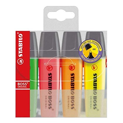 STABILO BOSS ORIGINAL - Highlighter Pen - Wallet of 4 (Assorted Neon Colours)