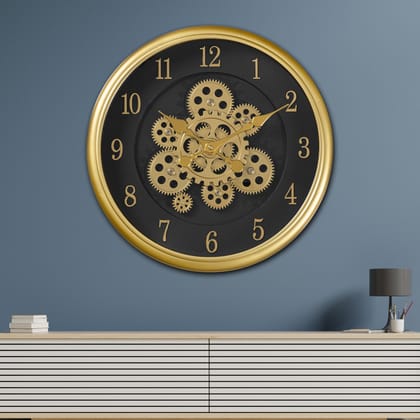 Time Sync Designer Luxury Wall Clock With Moving Gear Mechanism - Gold-Diameter - 15.5 Inches / Available / Acrylic & Glass