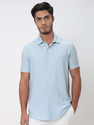 Mufti Light Blue Textured Viscose Blend Plain Slim Fit Casual Shirt