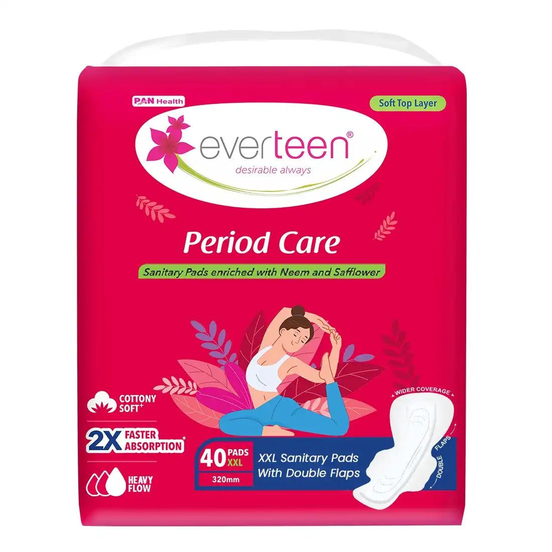 everteen Period Care XXL Neem-Safflower Sanitary Pads with Double Flaps - 40 Pads, 320mm-Cottony Soft / 1 Pack
