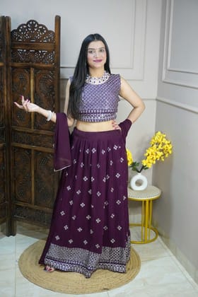 Wine Colour Thread & Mirror Work Free size Ready to Wear Designer Lehenga (Dress have 4 inch of margin both side for alteration as per customer need)-Free Size / Wine