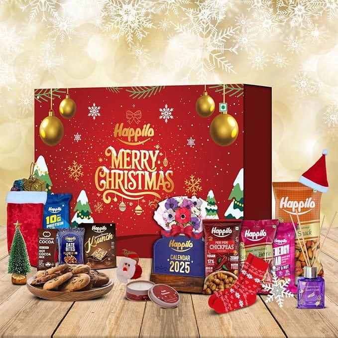Happilo Christmas Gift Box Rudolph 500g Festive Treats & Snacks Santa Hat Reed Diffuser Calendar Playing Cards Pair Of Socks Stocking Candles Snowflake Hand Band Tree Protein Bars Cookies and Dry Fruits