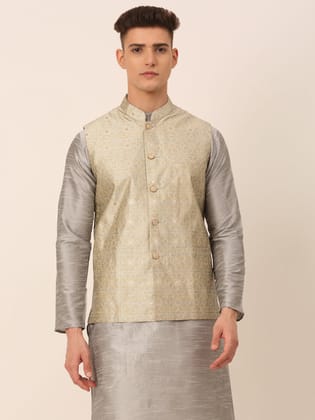 Men Beige & Golden Woven Design Nehru Jackets-JOWC_4045Beige-L / Beige