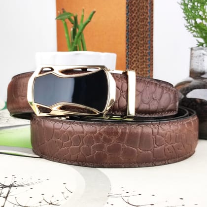 Hemener Men Metal Auto Grip Buckle Brown Croc Pattern Genuine Leather Belt-28