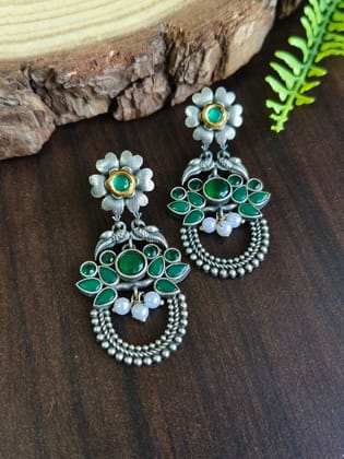 Premium Quality Pearl & Kundan Oxidized Dangler Earrings for Occasions | Sarichka-Green