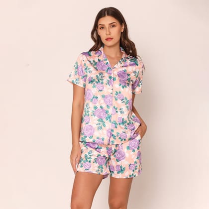 Women's Satin Rosebuds Night Suit Set of Shirt & Shorts S