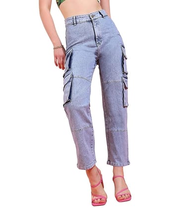 Glossia Fashion Light Blue Women Cargo Jeans | High Waist Stretchable Wide Leg Straight Fit Denim| Boyfriend Jeans for Women -  26