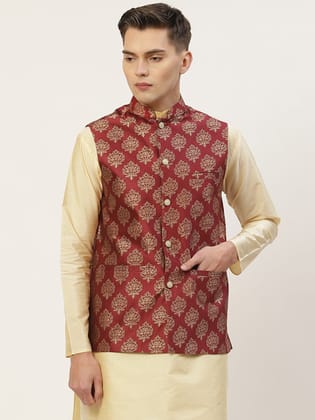 Jompers Men's Maroon Printed Nehru Jacket-S / Maroon