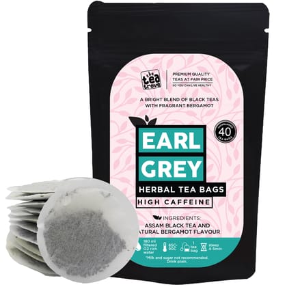 The Tea Trove Earl Grey Tea Bags - 40 Eco-Friendly Earl Gray Black Tea Bags in Resealable Pouch, Natural Bergamot Flavor Blended with Fine Assam Black Tea, Highly Caffeinated Bergamot Tea, 40 Tea Bags