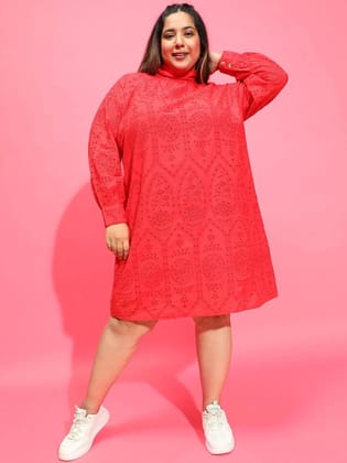 Cardinal Red Long Sleeve Laced Up Women Plus Size Curvy Dress-2XL