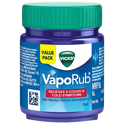 Vicks Vapo Rub With Menthol, Camphor & Eucalyptus Oil - Relieves Cold & Cough, Clears Blocked Nose, 25 ml Bottle