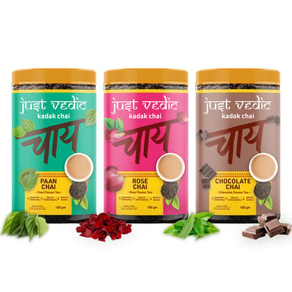 TEACURRY Flavored Chai Combo Pack (3x100 Grams) - Paan, Rose, Chocolate