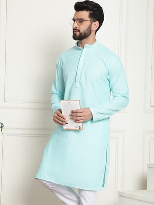 Men's Cotton Embroidered Thread Work Sky Blue Long Kurta-36