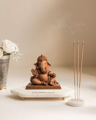 Marble Tray for Ganpati with Engraving <br> (One Tray & One Incense Stick Holder)