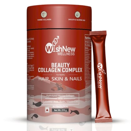 WishNew Wellness BEAUTY COLLAGEN COMPLEX | Enhanced Hair, Skin, Nails Health | 21 Servings of Nutrient-Rich Sachets | Hyaluronic Acid, Biotin, Vitamins C & E | Natural Chocolate Flavor