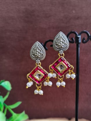 Silver Replica Earrings with Kundan and Pearls for Elegant Style | Sarichka-Red