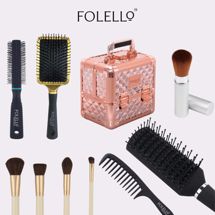 Hair & Makeup Grooming Ensemble for Women: Rose Gold Vanity Case, Vent Hair Styling Brush, Round Hair Brush, Golden Paddle Brush, Makeup Brush Set, Detangling Comb, Travel Powder Brush + Bonus Ha