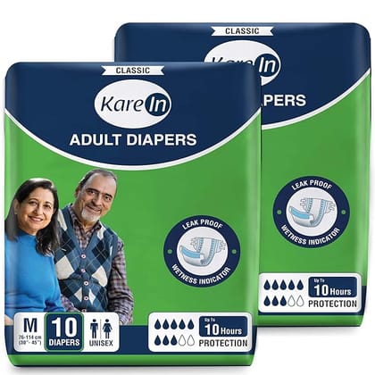 KareIn Classic Adult Diapers, Medium, Waist Size 76-114 Cm (30"-45"), 20 Count, Tape Style, Unisex, High Absorbency, Leak Proof, Wetness Indicator