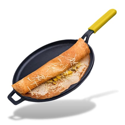 Pre-Seasoned Natural Nonstick Raw Cast Iron Dosa Tawa with Silicone Grip Yellow-Yellow