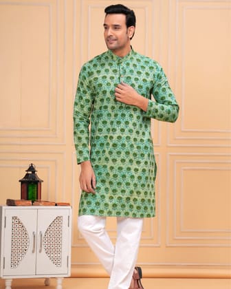 Royal Reflection Green Ajrakh Printed Cotton Kurta Pyjama-Kurta and Pyjama / S (36)