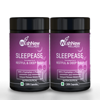 WishNew Wellness SLEEPEASE | 30 Veg Capsules | Advanced Sleep Formula | L-Theanine, Melatonin, Valerian, Ashwagandha | Deep Restful Sleep | Non-Habit Forming | 100% Vegetarian | Enhanced Relaxati