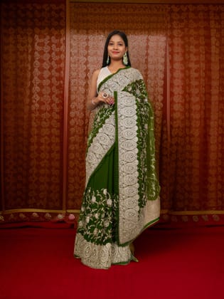 Designer Saree with Stone & Heavy Zari Thread Work by Shreekama-Dark Green / Free Size