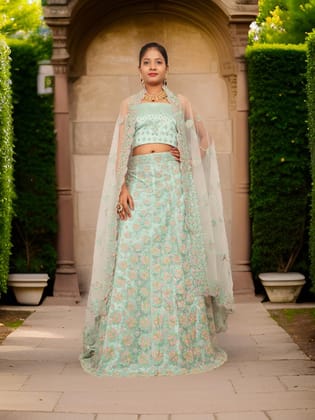 Semi-Stitched Lehenga with Soft Net Fabric & Multi beads work by Shreekama-Mint Green / Free Size