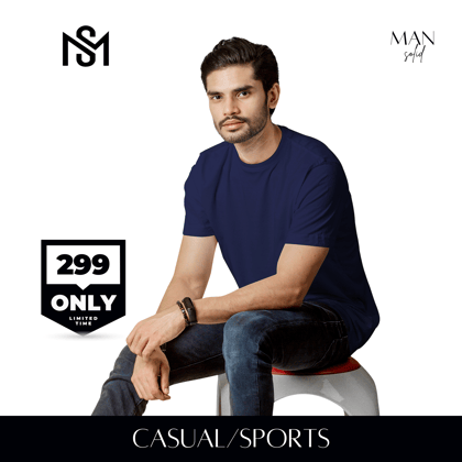 Navy Blue Essential Round Neck Short Sleeve T-Shirt (Casual/Sports)-M / Polyester / Adults